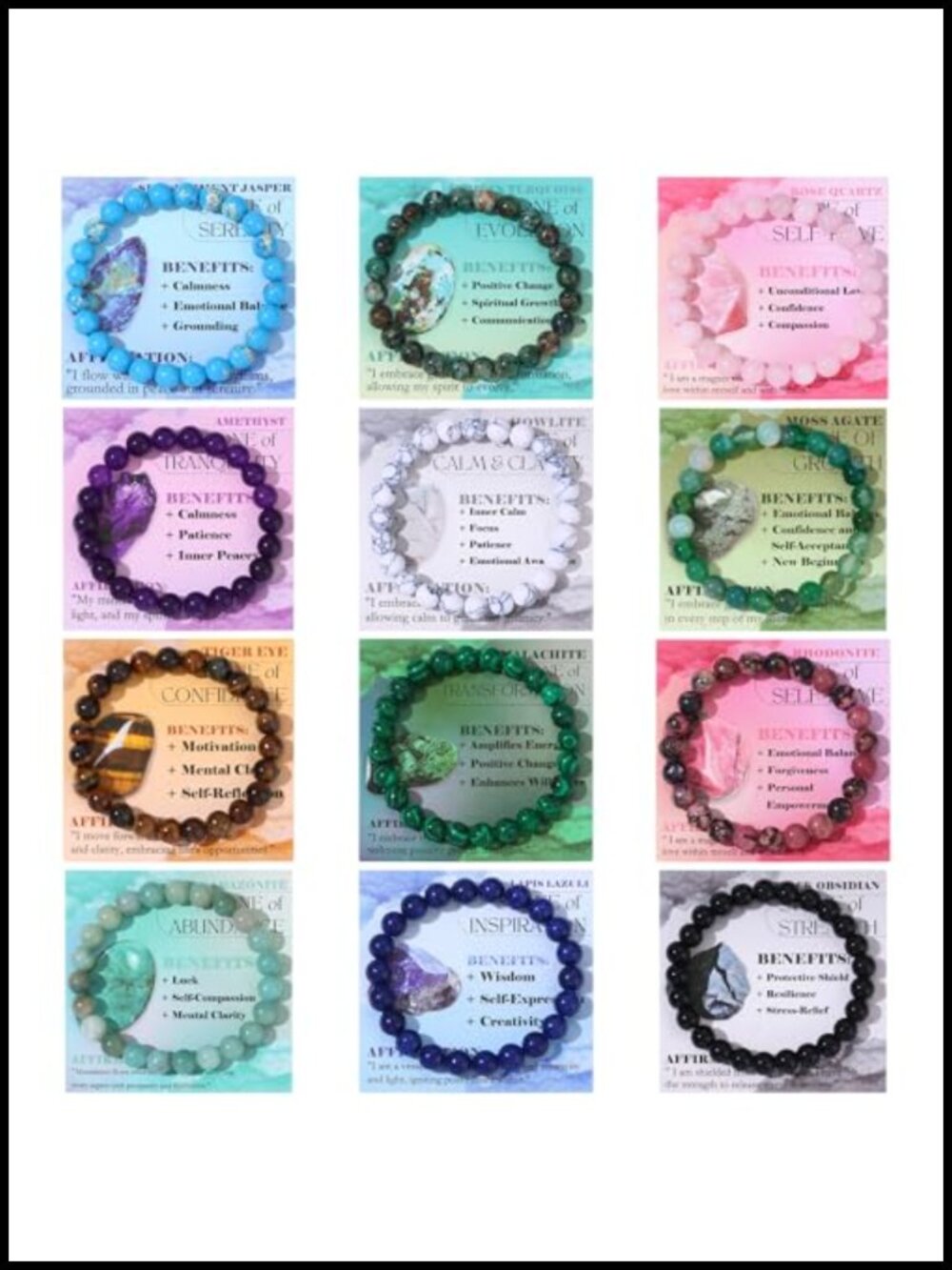 12 Piece Natural Stone Gemstone Beaded Stretch Bracelets Set Women Spiritual